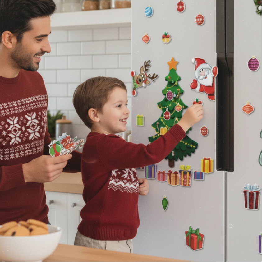 Man and child in matching red sweaters with Christmas-themed magnets on a refrigerator.